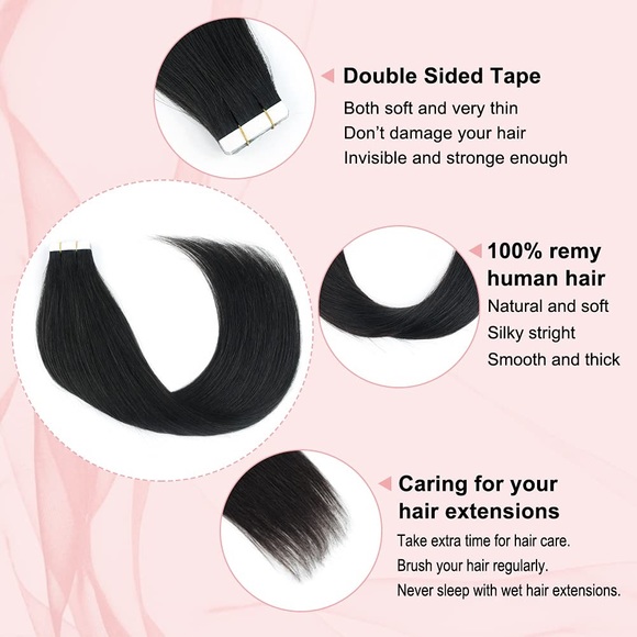 HUMAN HAIR 20” Remy Jet Black Tape In Extensions 100% Human Hair Silky 20 Pack - Picture 9 of 12